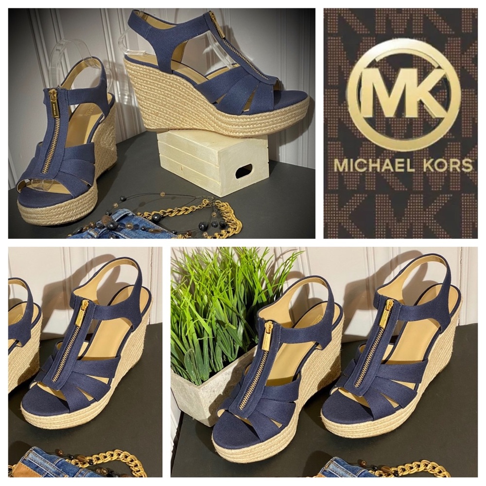 New! MICHAEL KORS BERKLEY WEDGE NAVY GOLD ESPADRILLES NEW IN BOX size 9.5